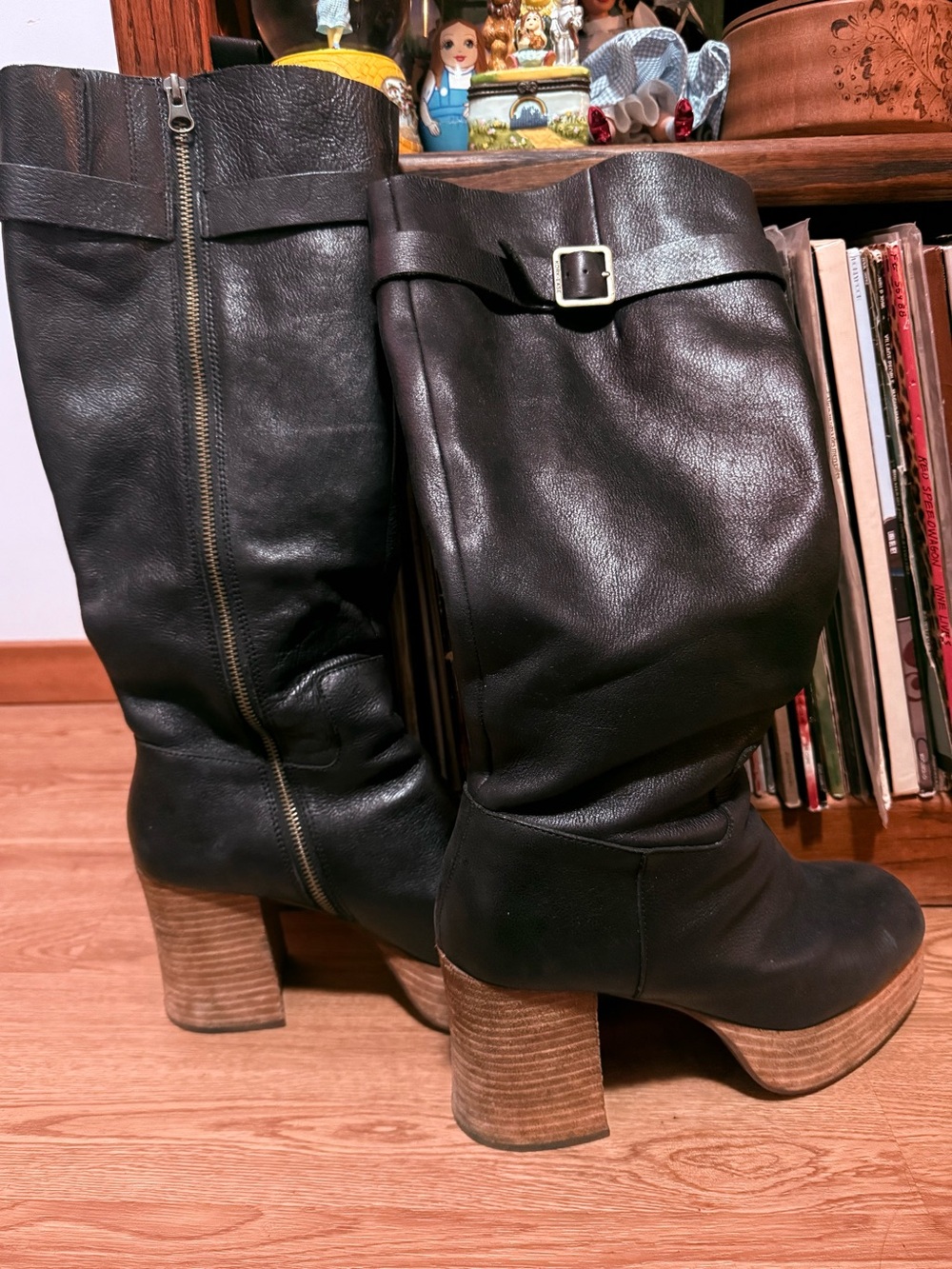 Kork-Ease Black Leather Mid-Calf Heeled Boots with Wood-Effect Block Heel